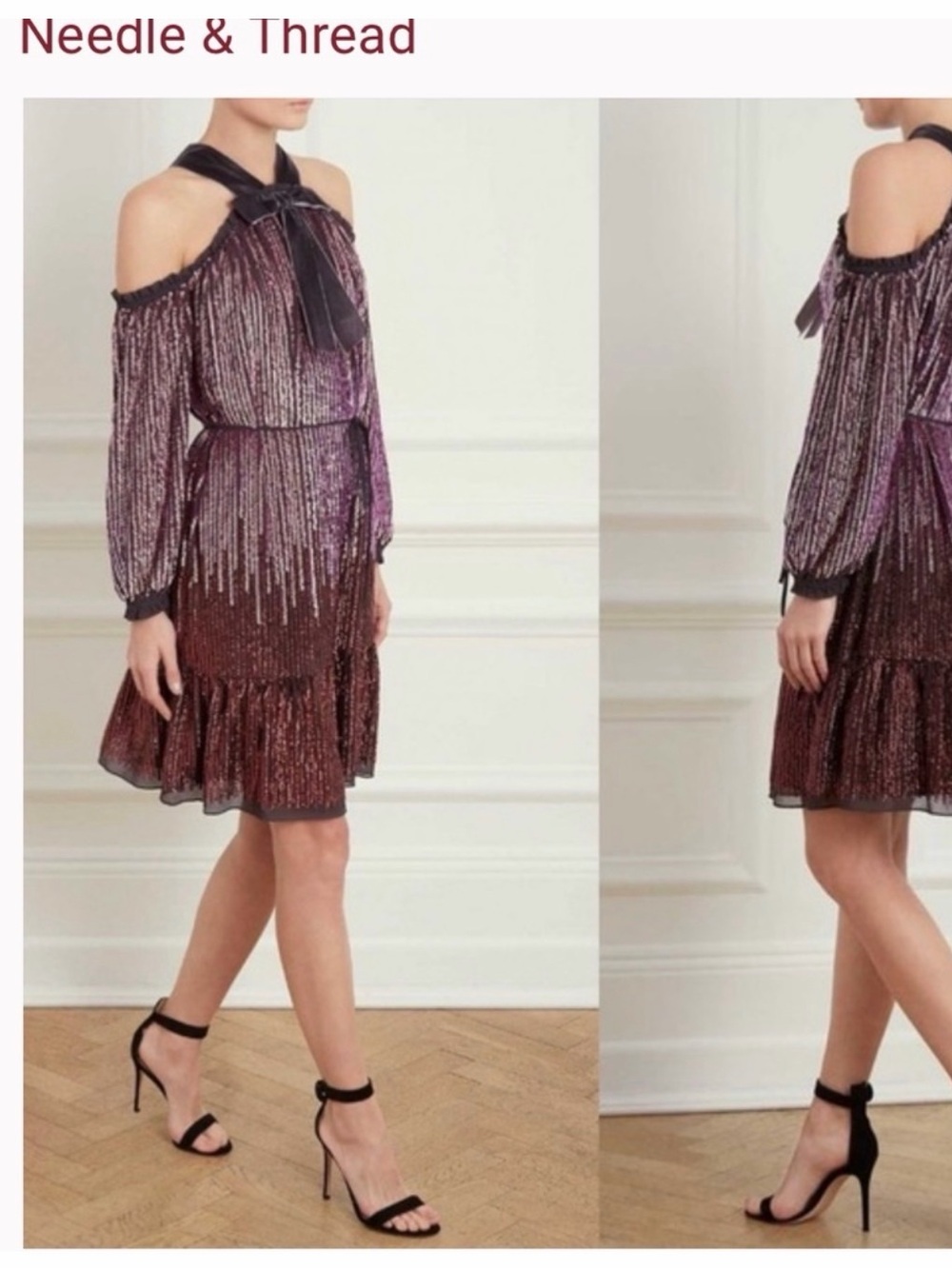 Needle & Thread Purple and Black Cold-Shoulder Sequin Mini Dress
